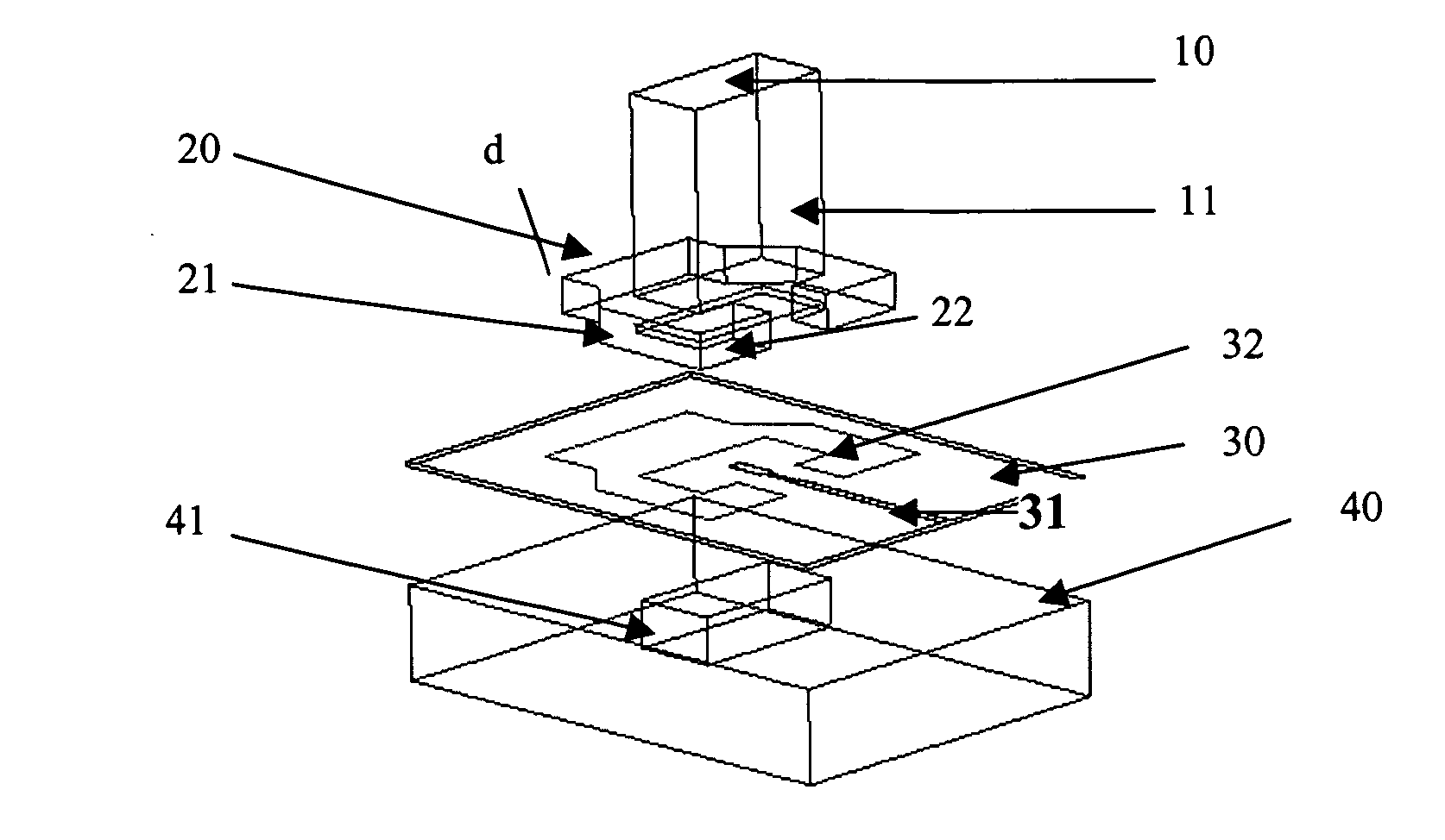 Contact-free element of transition between a waveguide and a microstrip line