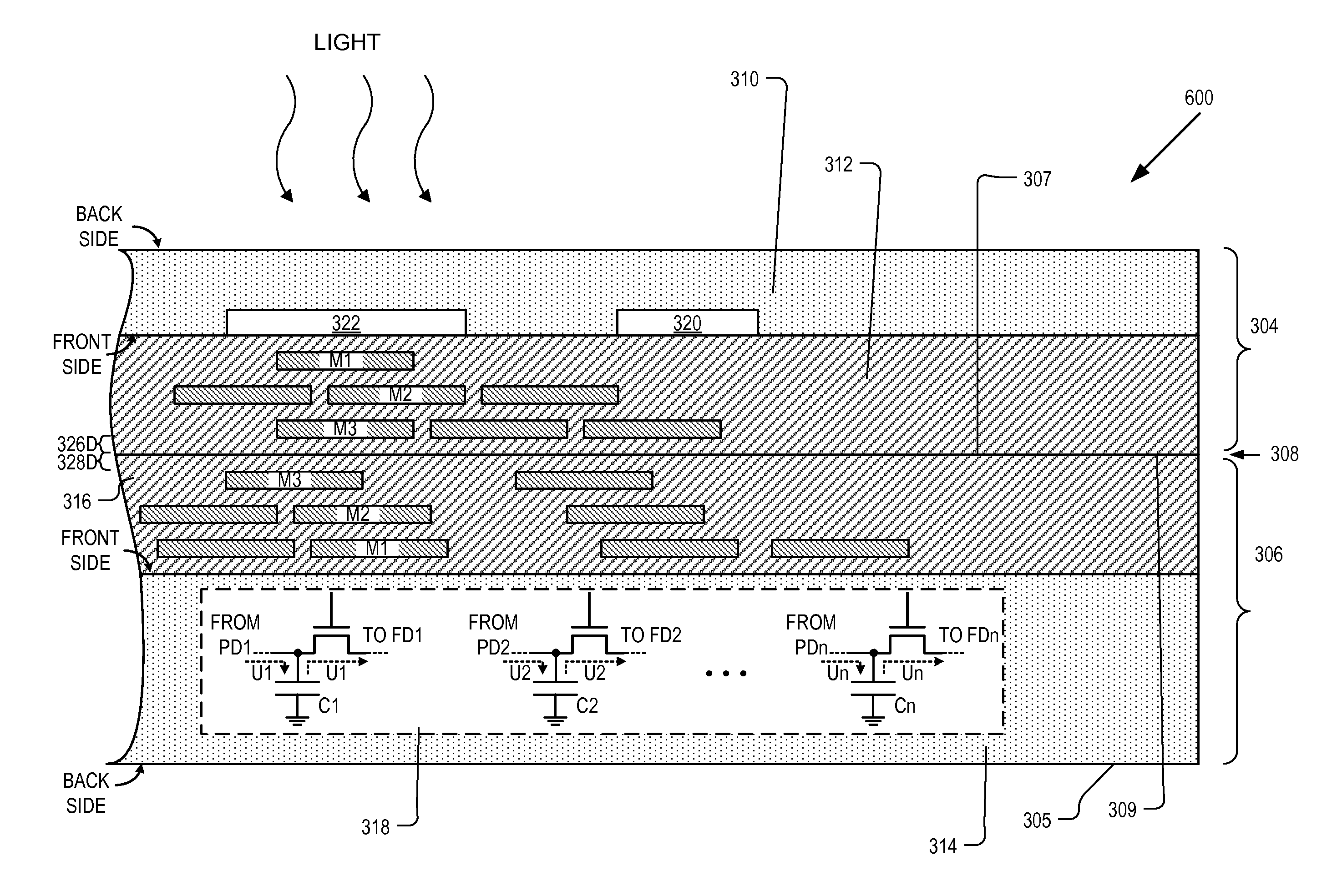 Stacked chip image sensor with light-sensitive circuit elements on the bottom chip