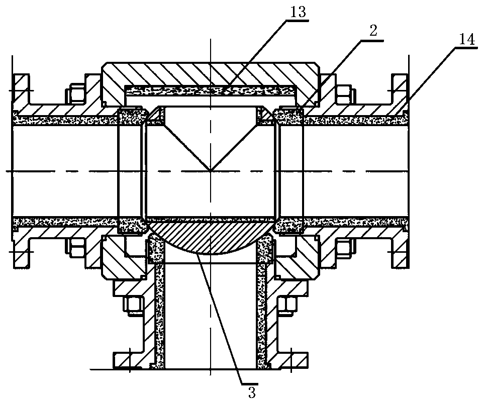 Fully-lined ceramic three-way ball valve and valve ball structure thereof