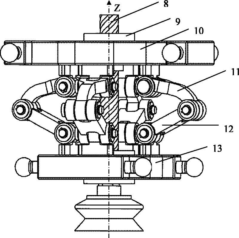 Up-and-down telescopic three-platform one-rotation parallel mechanism