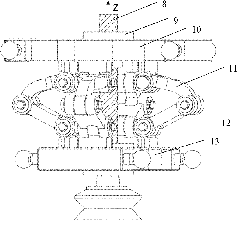 Up-and-down telescopic three-platform one-rotation parallel mechanism