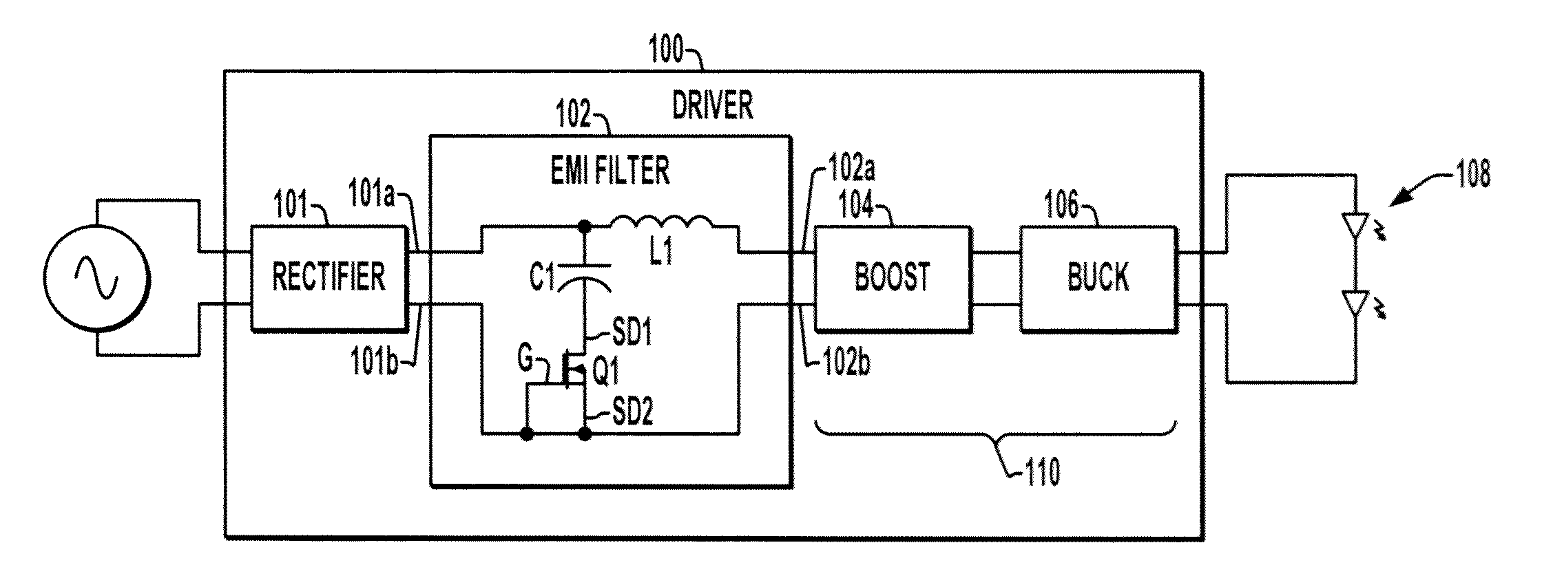 Lighting power circuit with peak current limiter for EMI filter