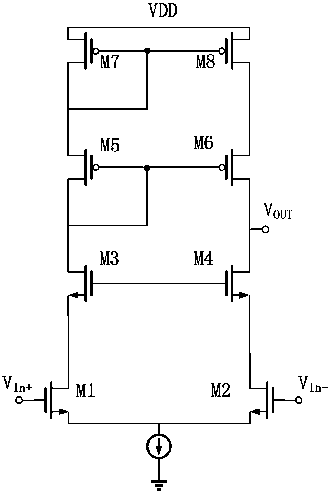 Foldable differential-to-single-ended amplifier capable of increasing swing amplitude of output voltage of output end