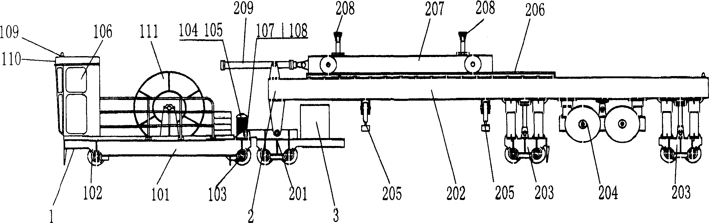 Tunnel pipe transporting mounting vehicle