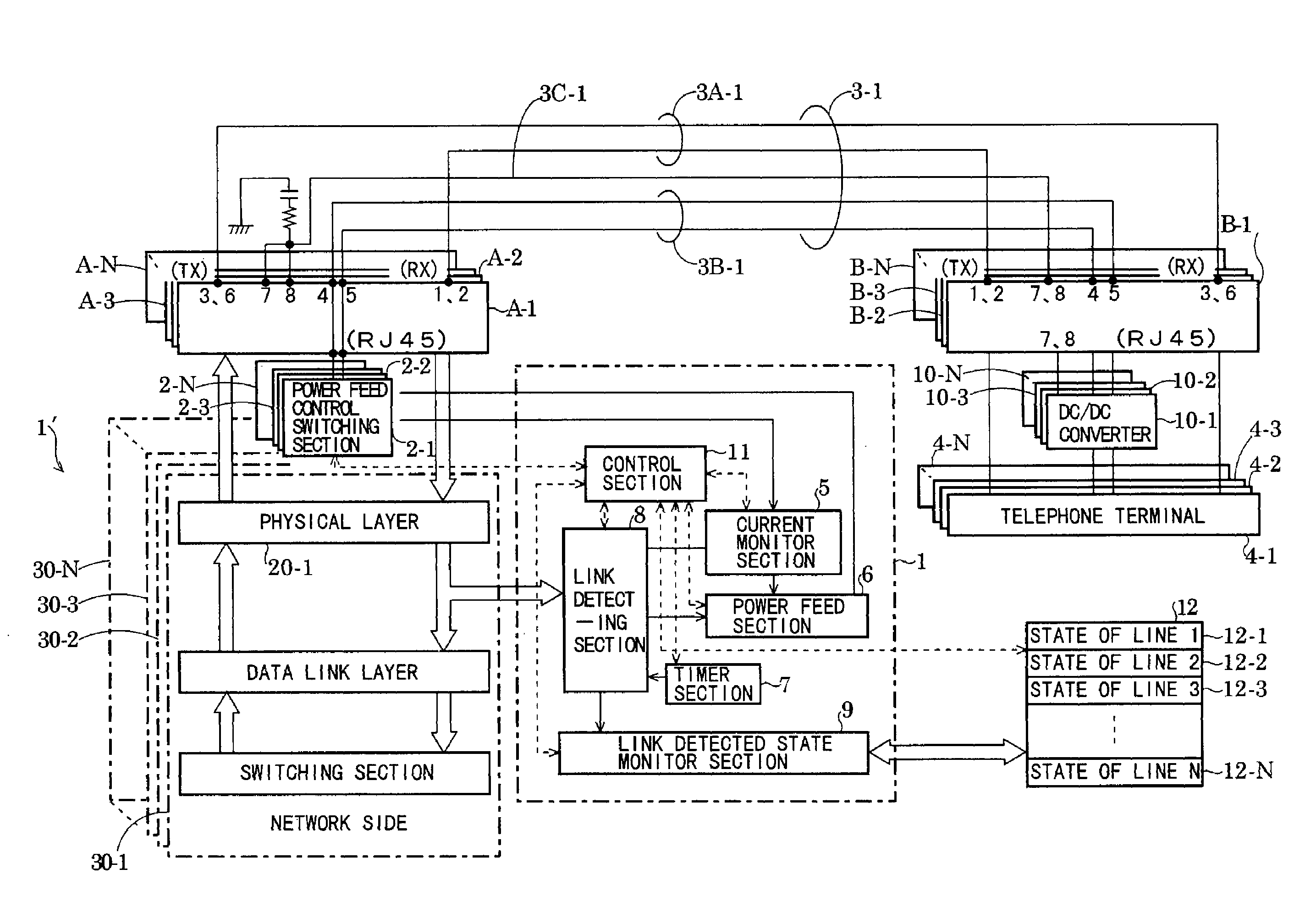 Power feeding system for telephone terminal in LAN