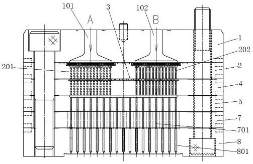 Double-component melt-blown spinneret plate for producing skin-core structure spinning