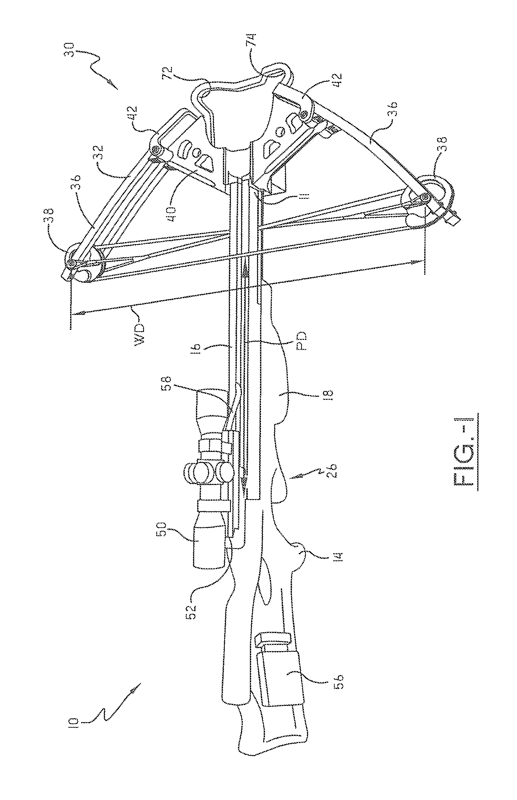 Narrow crossbow with large power stroke