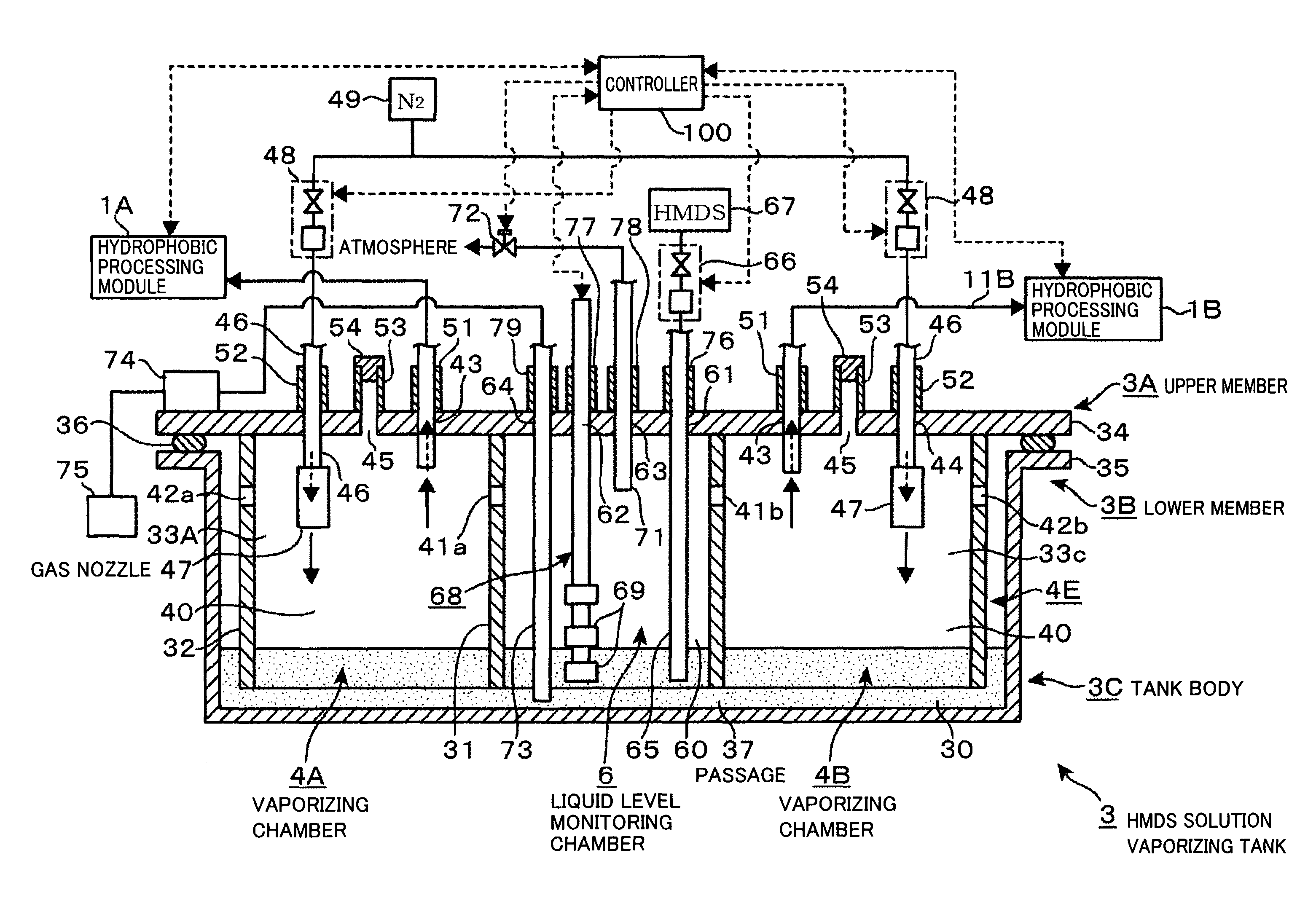 Chemical solution vaporizing tank and chemical solution treating system