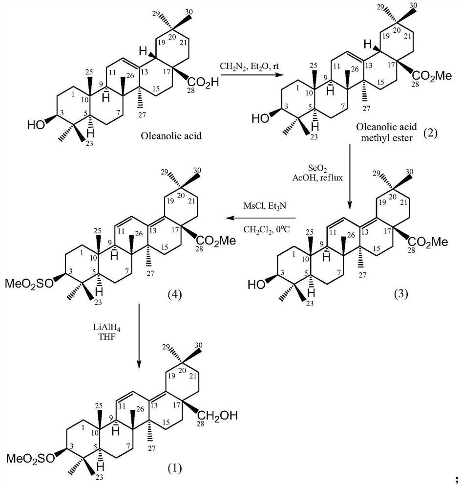 Preparation of dienyl mesyloxy oleanane alcohol and medical application of dienyl mesyloxy oleanane alcohol in resisting hepatitis B