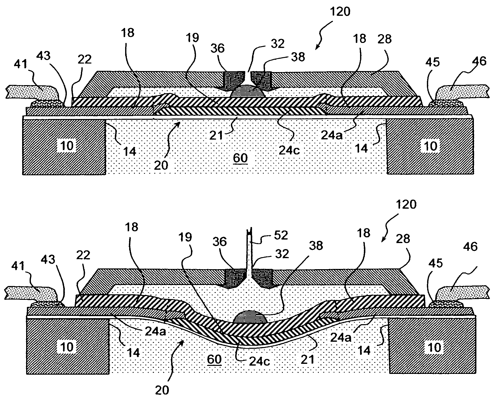 Doubly-anchored thermal actuator having varying flexural rigidity