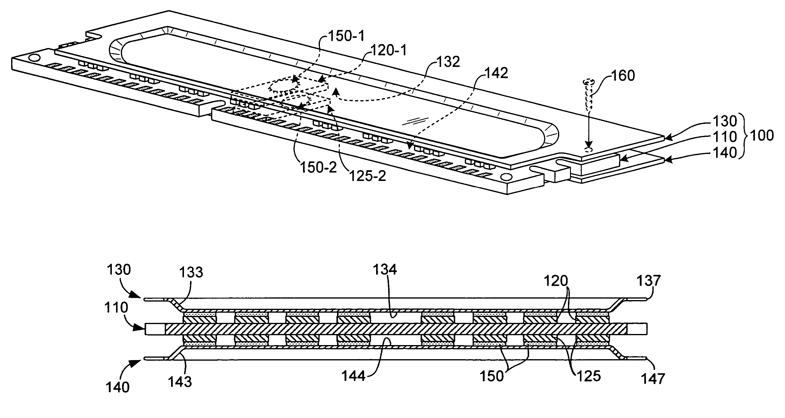 Memory module assembly including heat sink attached to integrated circuits by adhesive