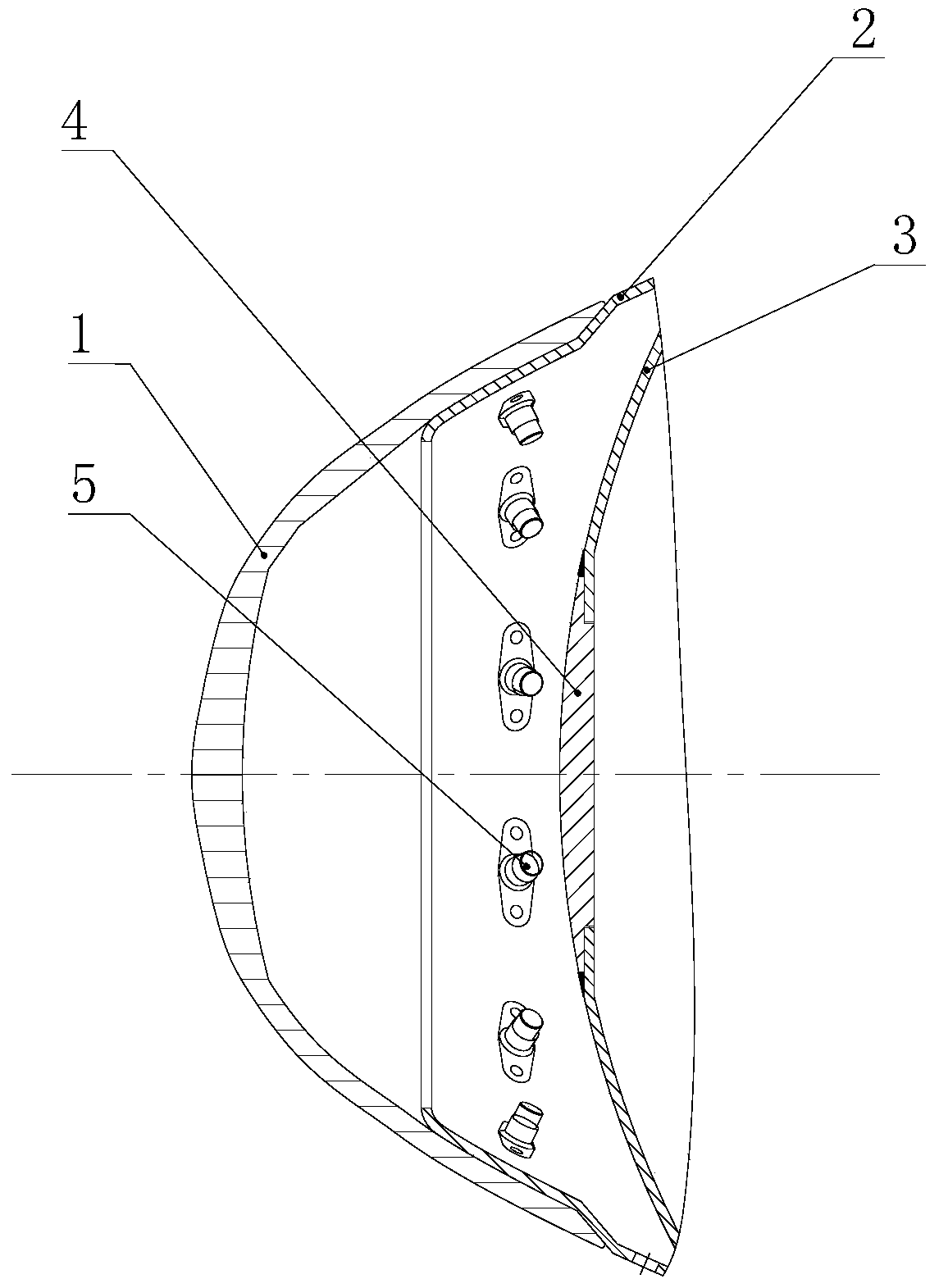 A leading edge structure of an aircraft external auxiliary fuel tank that resists bird strikes