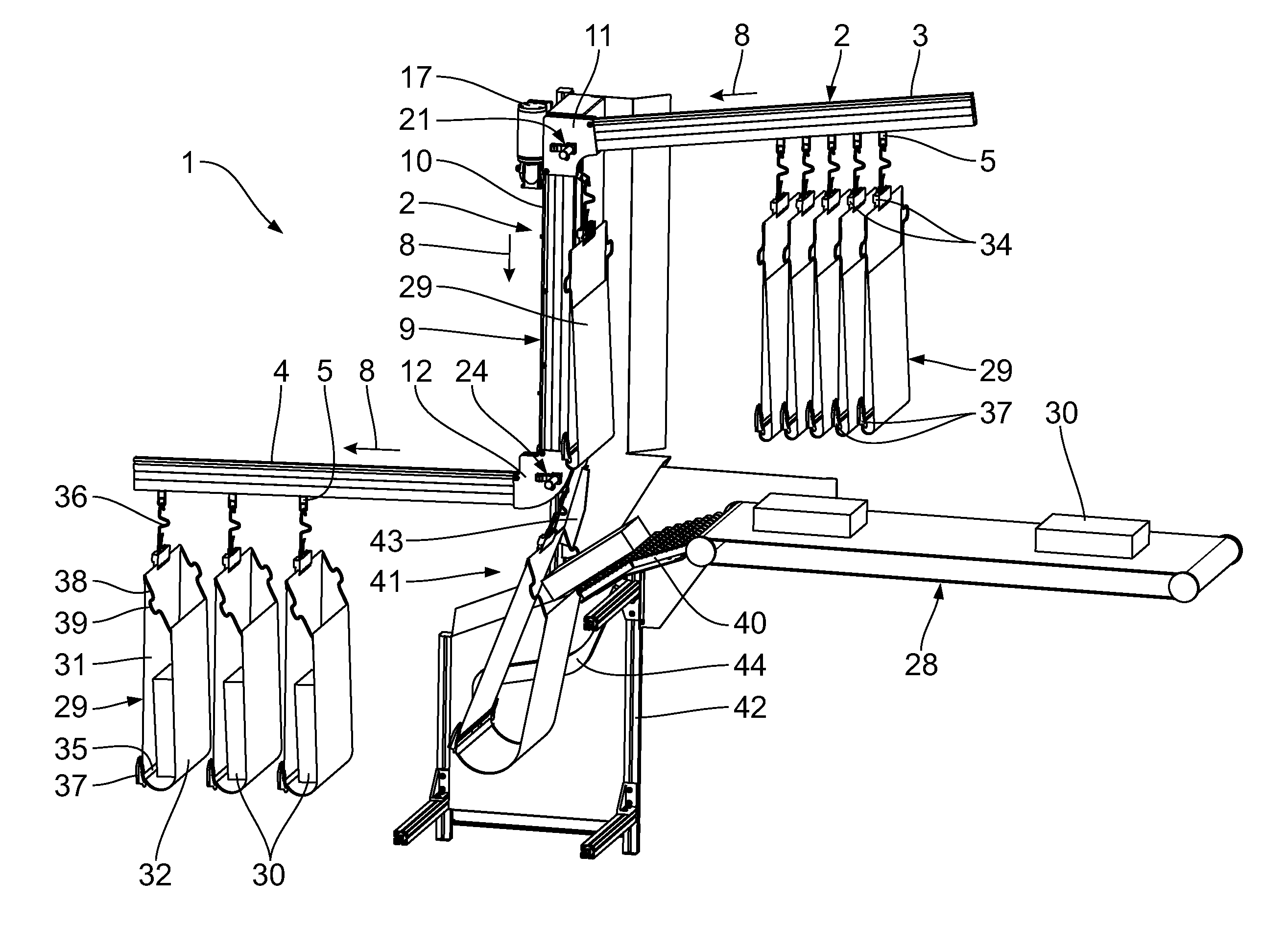 Loading station for transport bags transported in an overhead conveyor system