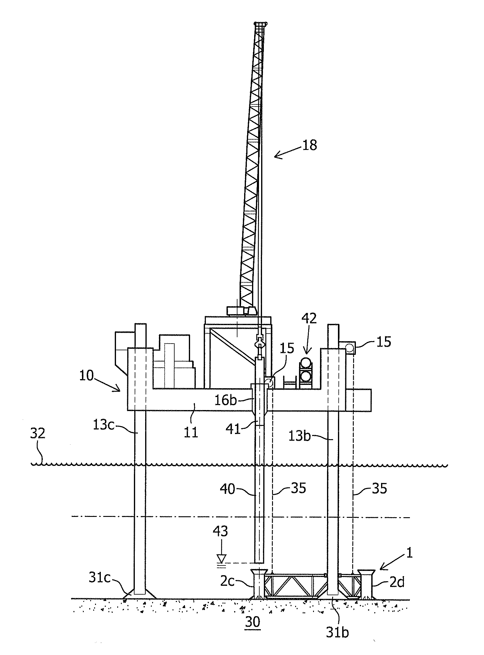 Method of Providing a Foundation for an Elevated Mass, and Assembly of a Jack-Up Platform and a Framed Template for Carrying Out the Method