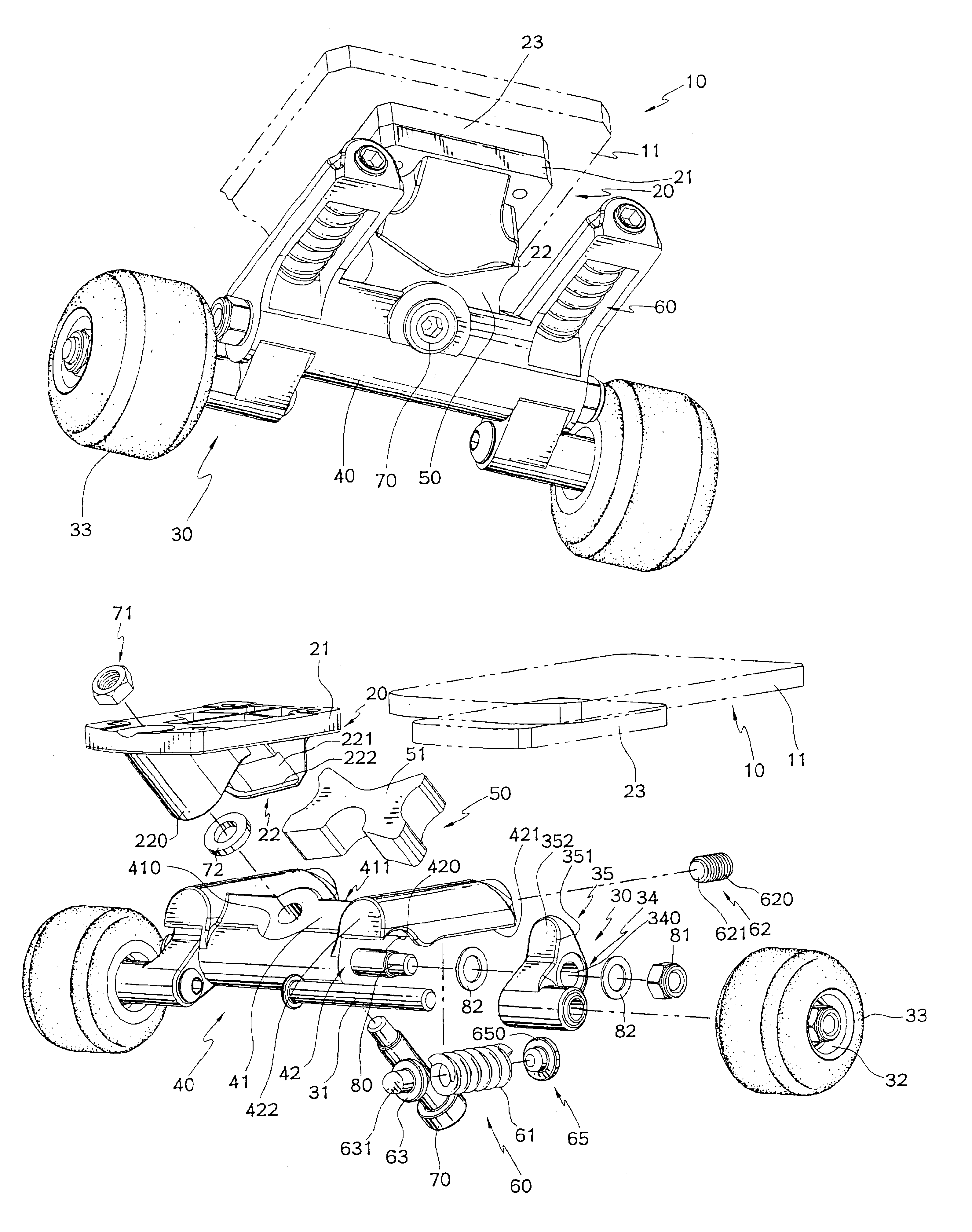 Skateboard having a three-dimensional independent suspension balance system