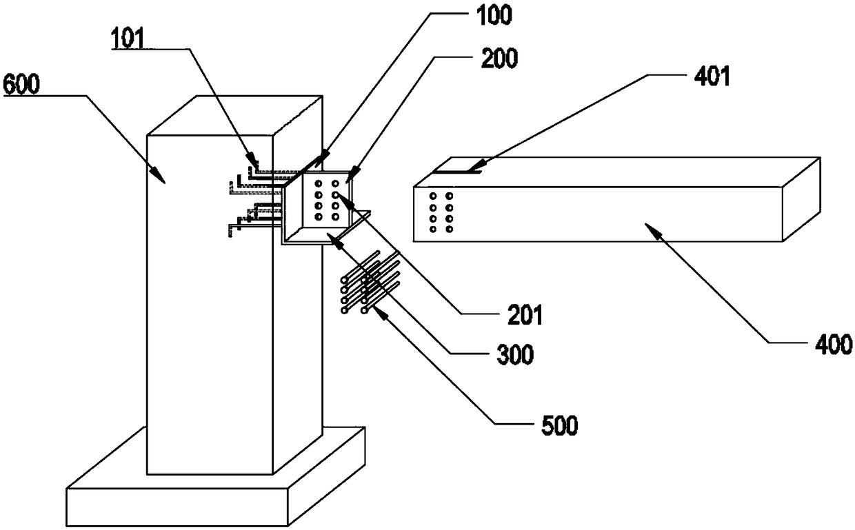 Connecting device and method for cast-in-situ concrete column and load-bearing wooden beam