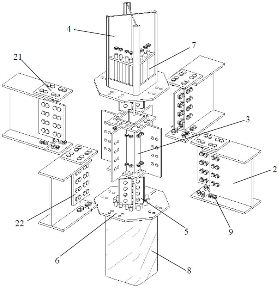 FRP externally-wrapped crossed steel reinforced concrete column-H-shaped steel beam connecting joint and mounting method