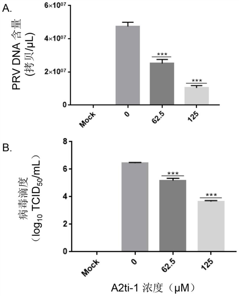 Method for inhibiting in-vitro replication and proliferation of pseudorabies virus by using inhibitor A2ti-1 and application