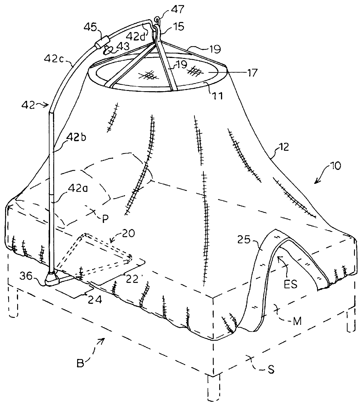 Portable mosquito net apparatus and method of securing to a bed