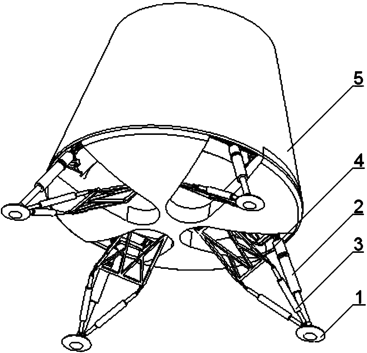 Inverted reusable landing buffer supporting frame of triangle spacecraft