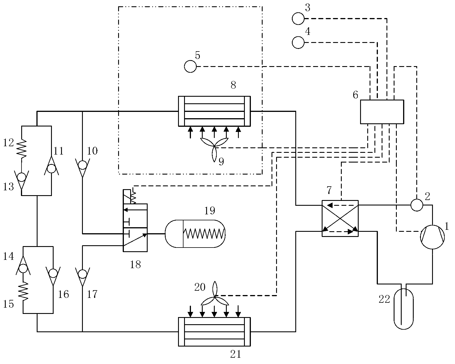 Electric car heat pump air-conditioning system with adjustable refrigerant charging amount