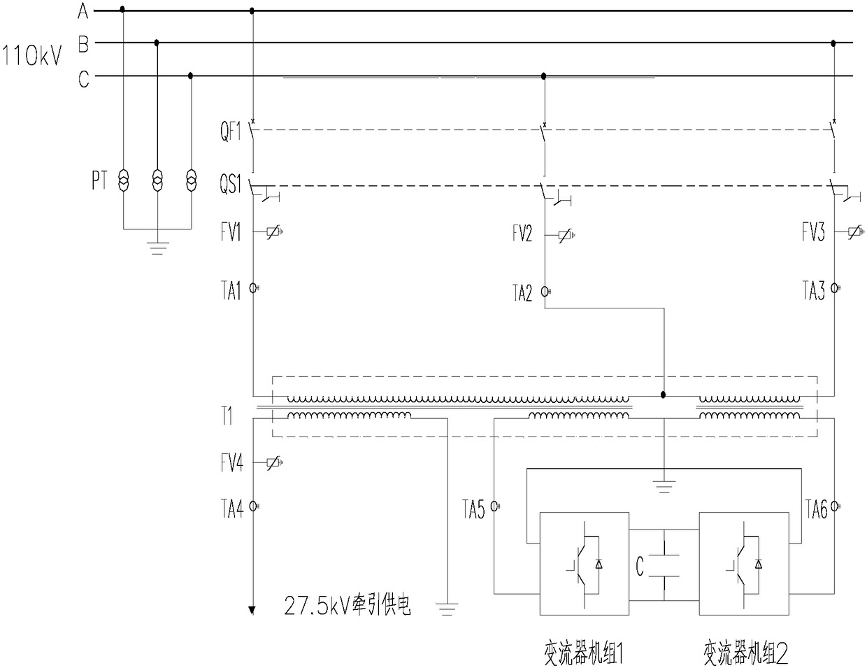 Power locomotive test line balance power supply system