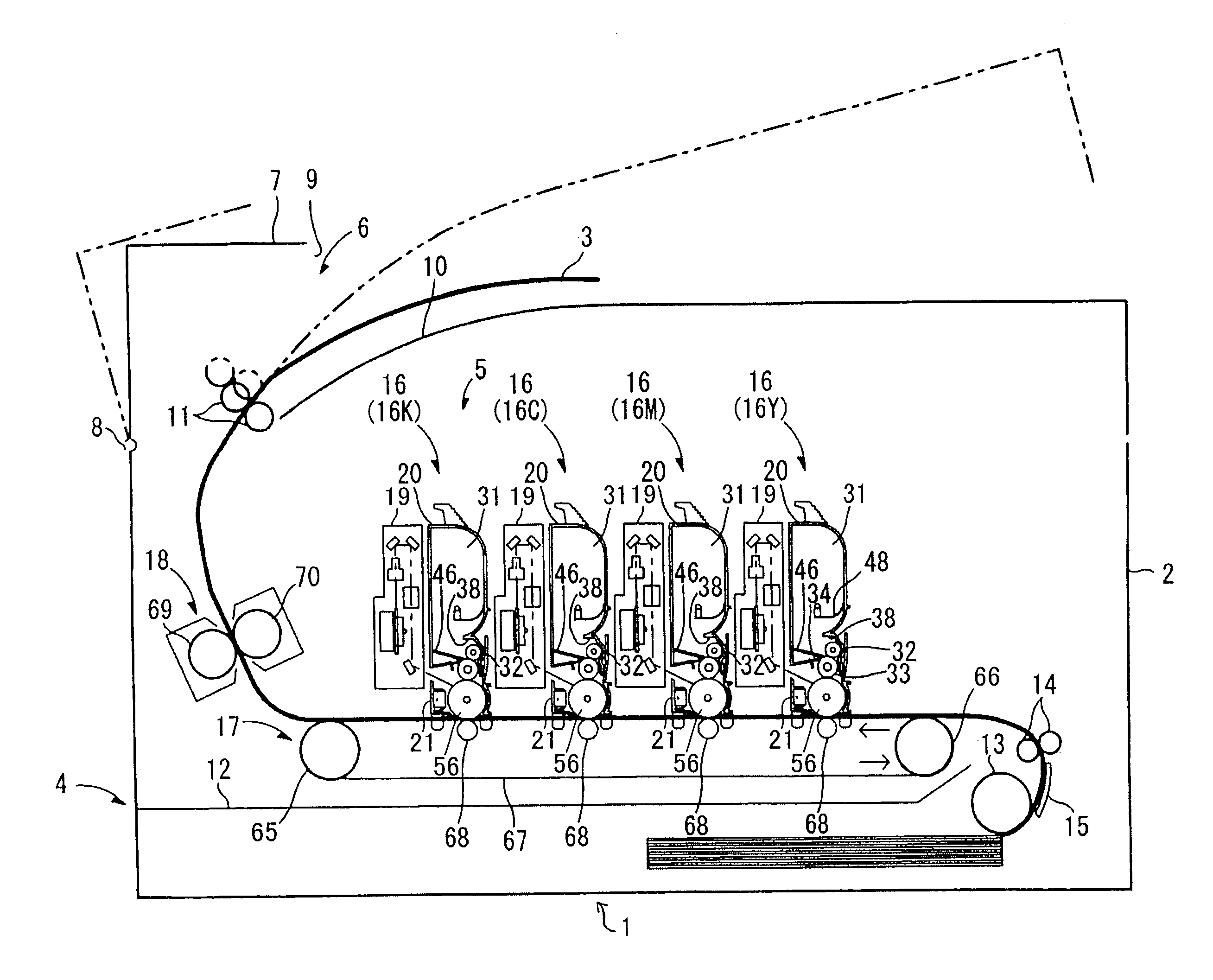 Image forming apparatus for a color laser printer for transferring a higher transfer efficiency on a recording sheet on the upstream side of the imaging forming process