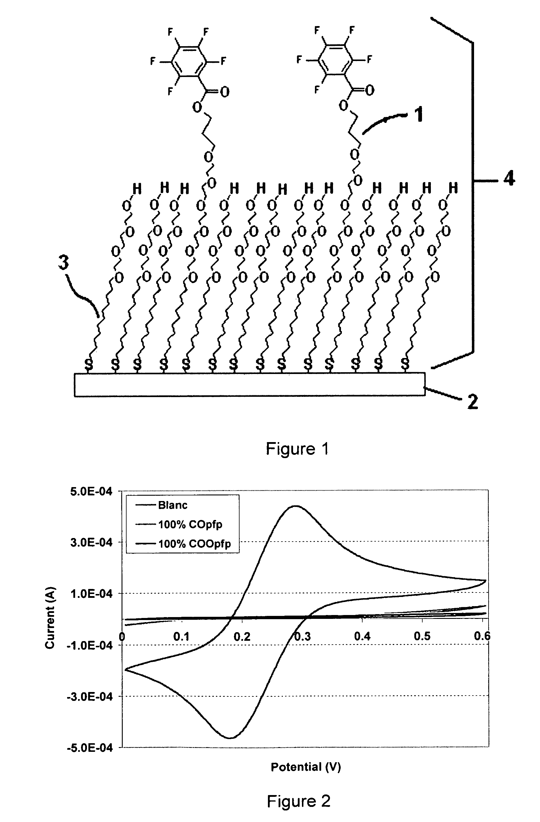 Thiol or disulfide molecules having poly(ethylene oxide) groups for use in a self assembled monolayer bound to a metal layer for covalently immobilizing biomolecules in a biosensor