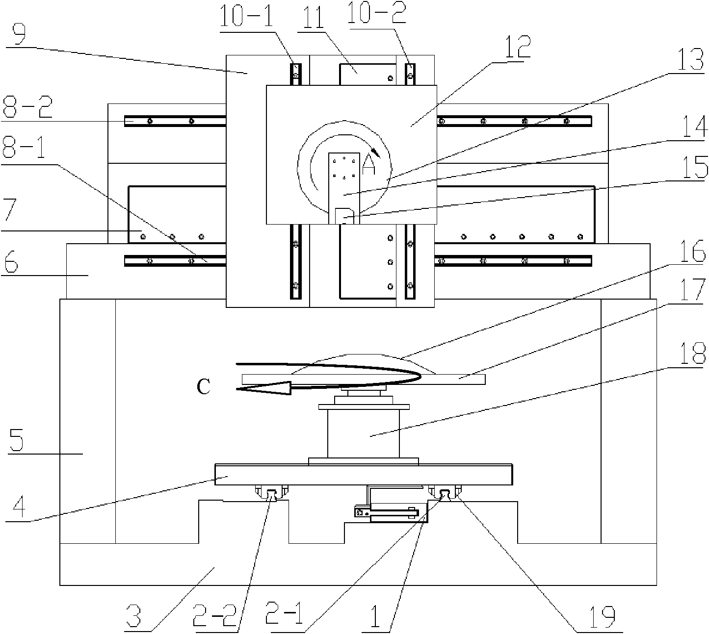 Five-axis optical aspheric surface detection device driven by linear motor