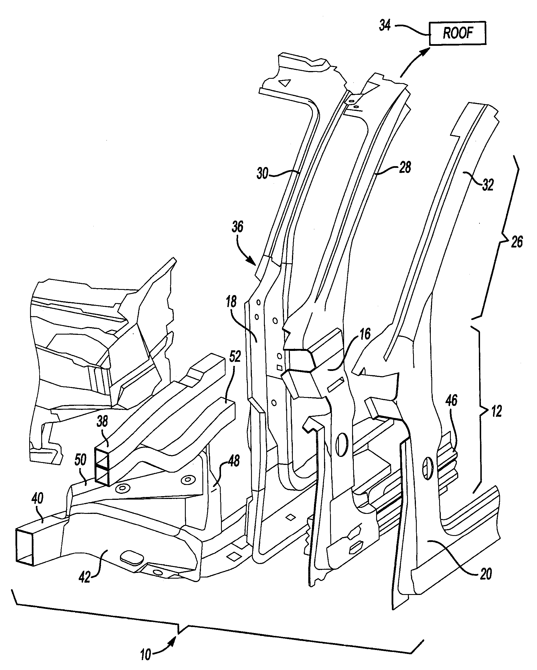 Vehicle frame with offset load path to a hinge pillar and rocker