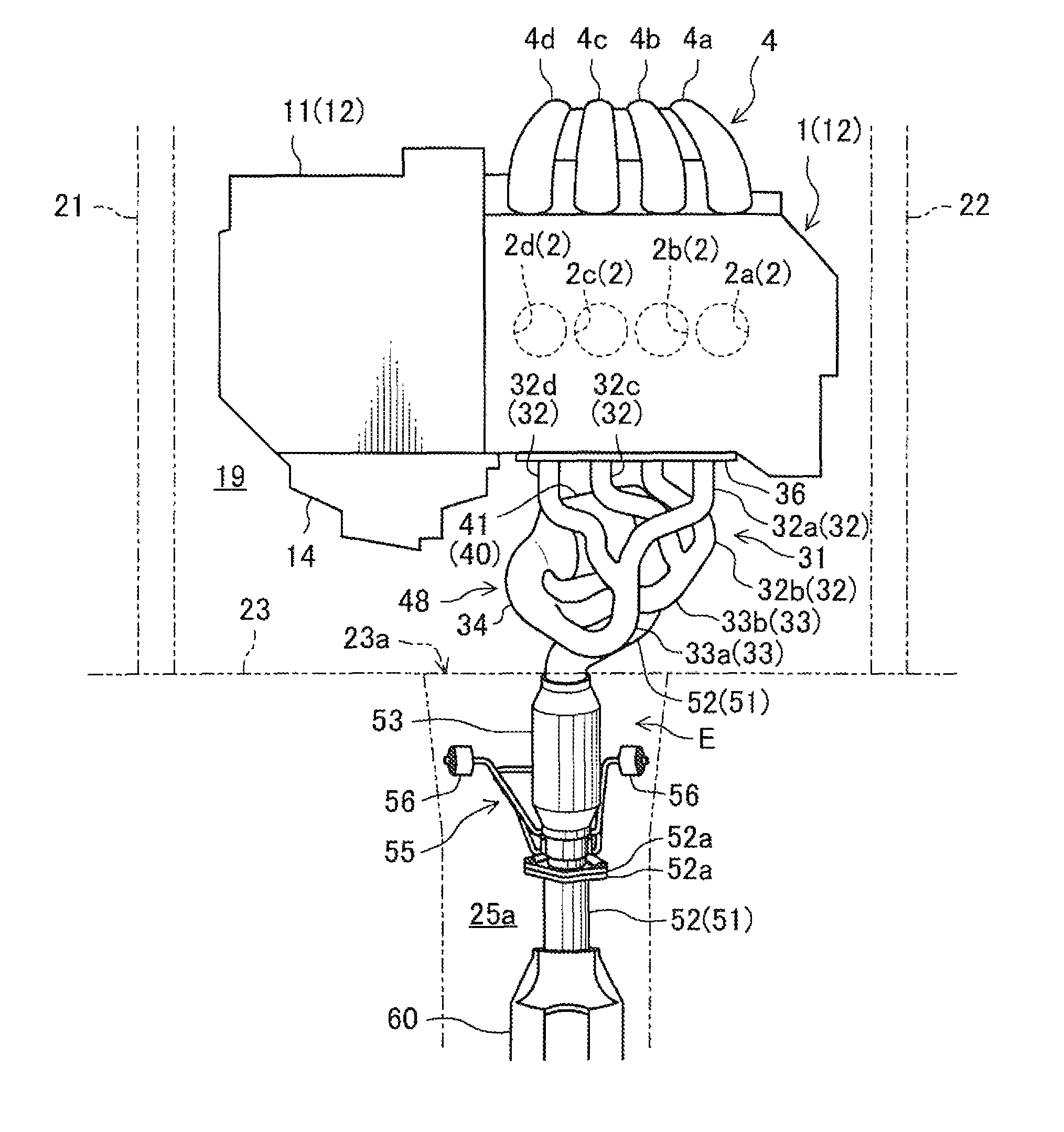 Exhaust apparatus for transverse engine