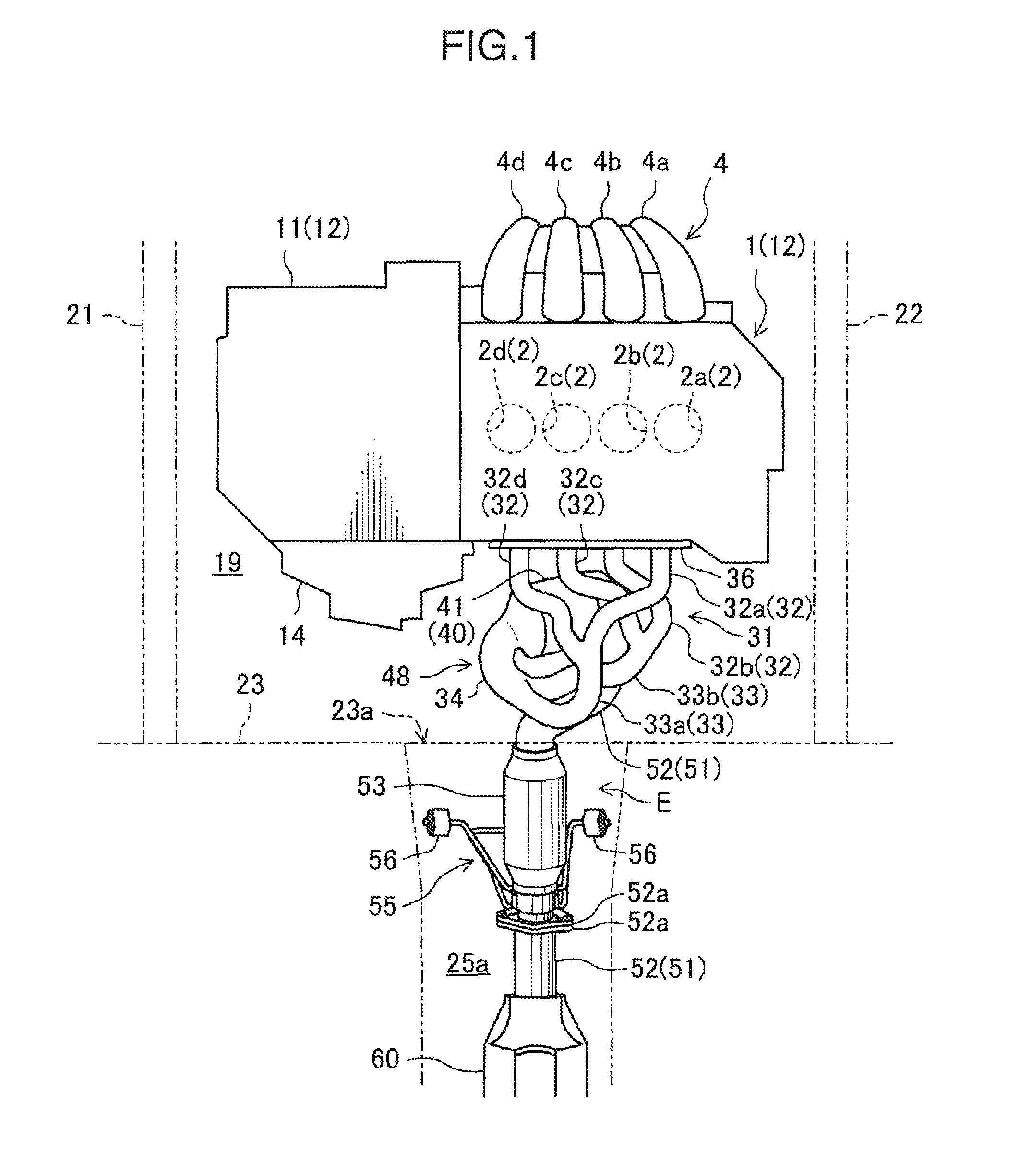 Exhaust apparatus for transverse engine