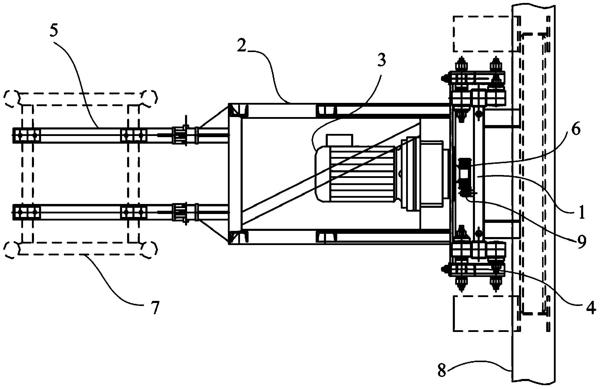 Wall attaching device of construction elevator steel charging platform as well as operation method of wall attaching device