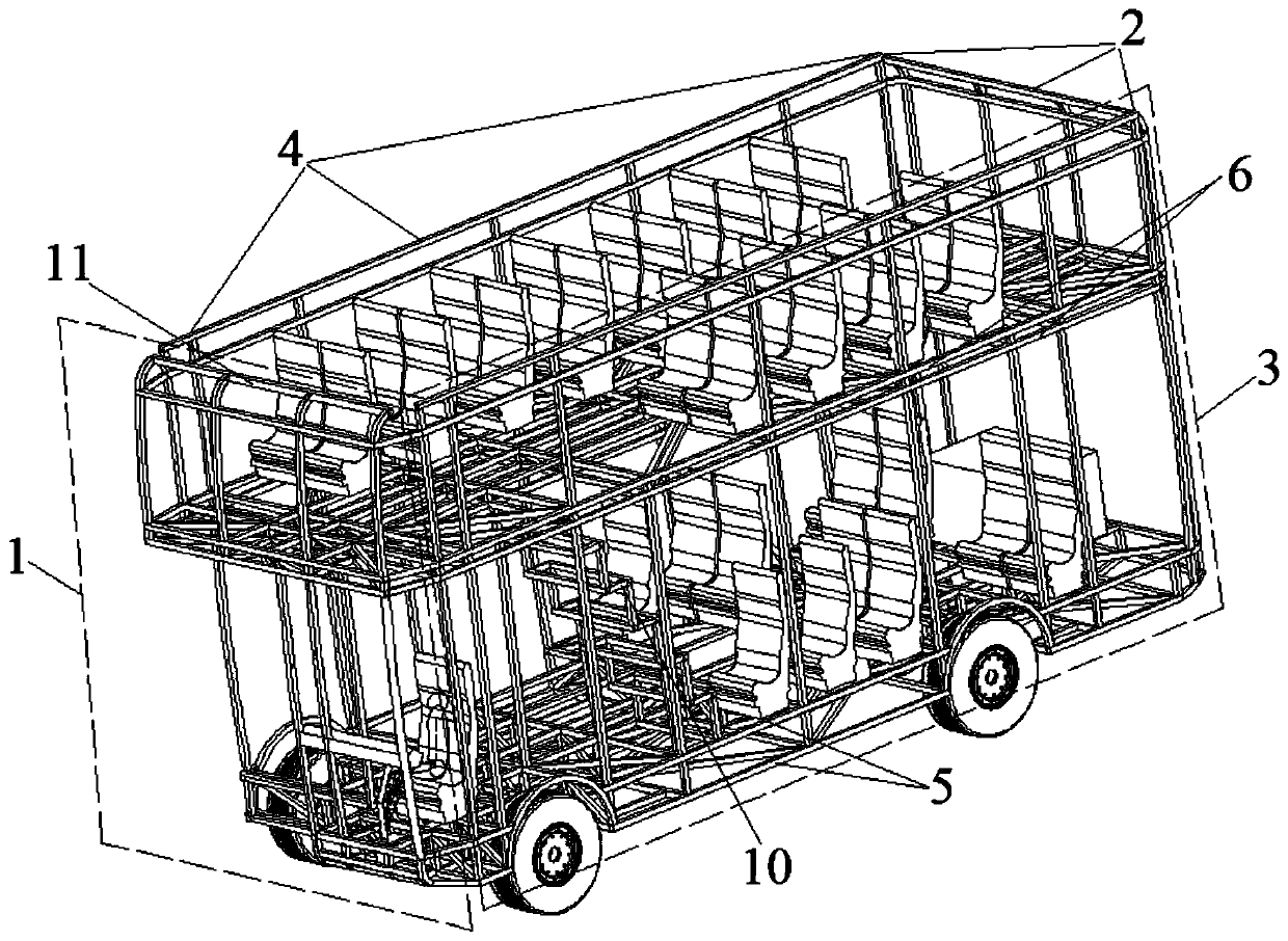 Triangular loop chain type bus body structure of full-load pure-electric double-layer tourist bus