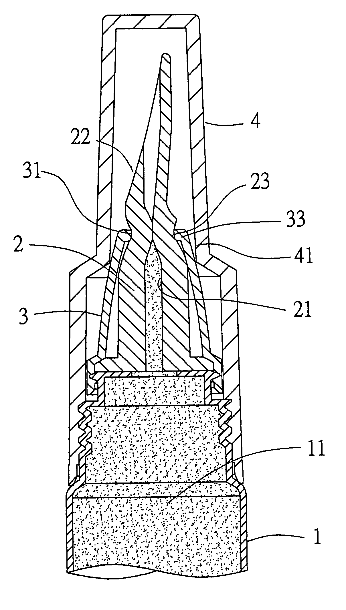 Brushing device of a container of liquid cosmetics