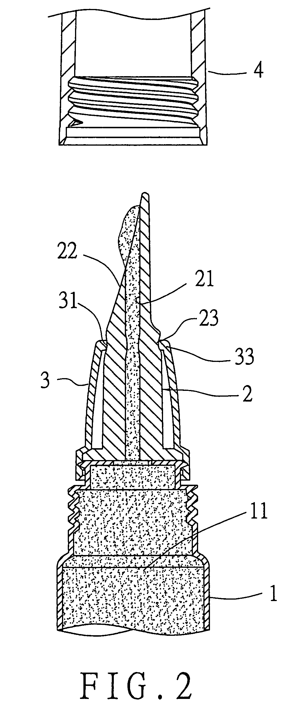 Brushing device of a container of liquid cosmetics