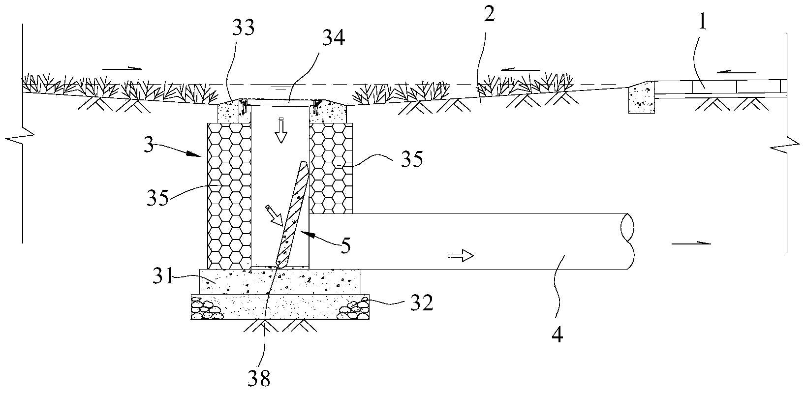 Low-lying green space flow limiting facility for relieving small-watershed waterlogging disaster of city