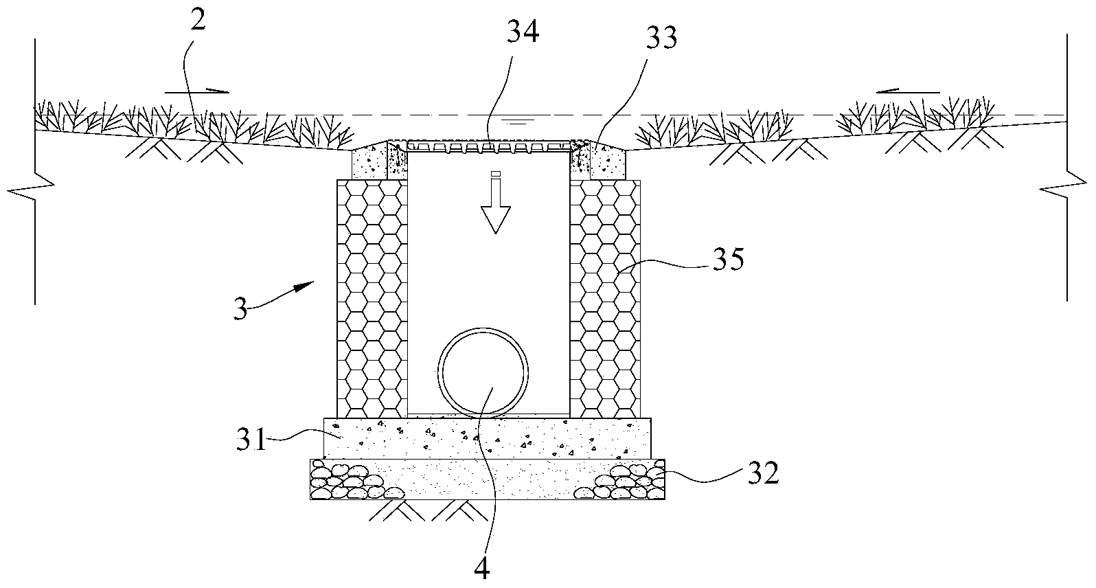 Low-lying green space flow limiting facility for relieving small-watershed waterlogging disaster of city