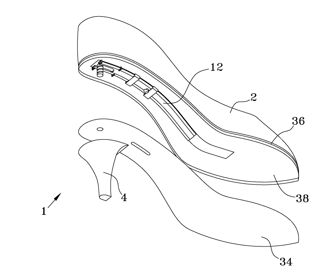 Shoe with a high heel to low heel conversion