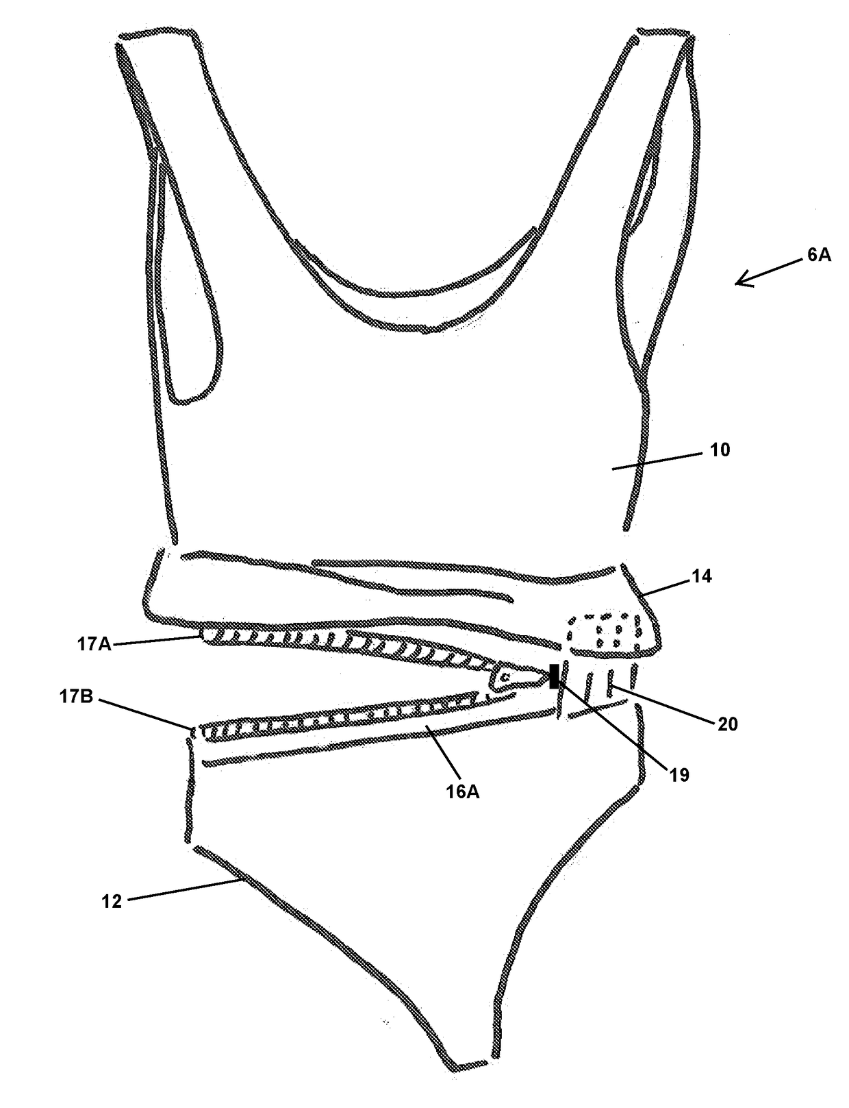 One-piece swimsuit garment with openable waist