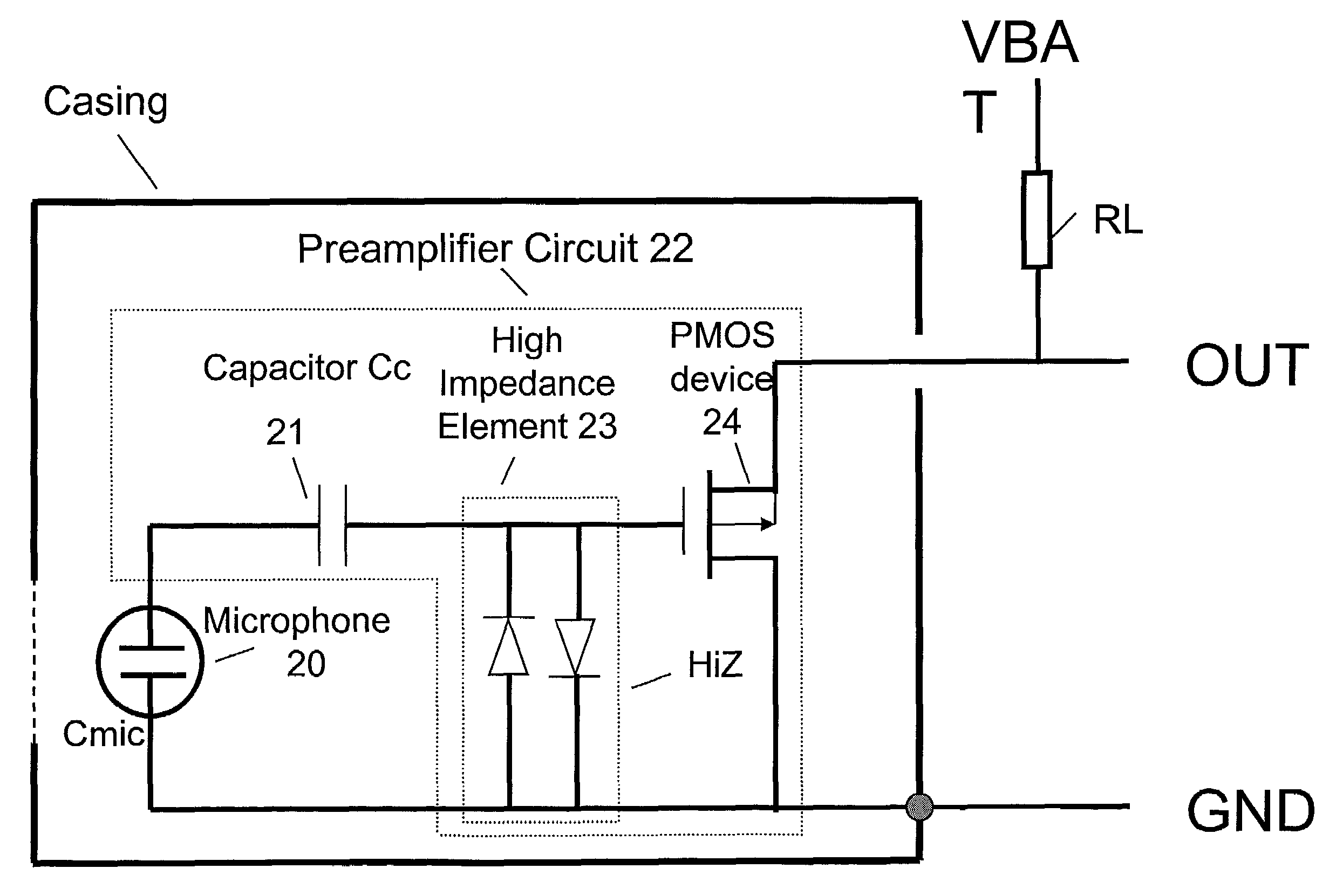 Electret condensor microphone preamplifier that is insensitive to leakage currents at the input