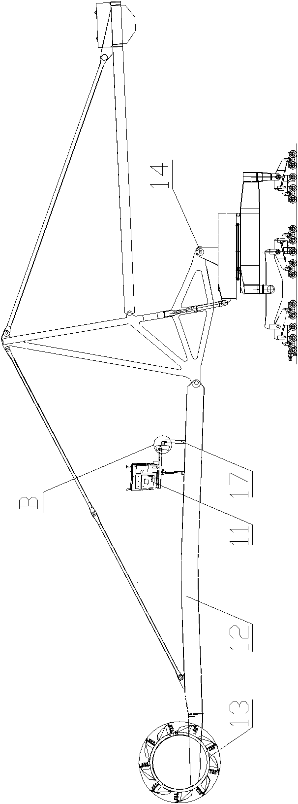 Cab pitching device and bucket wheel machine