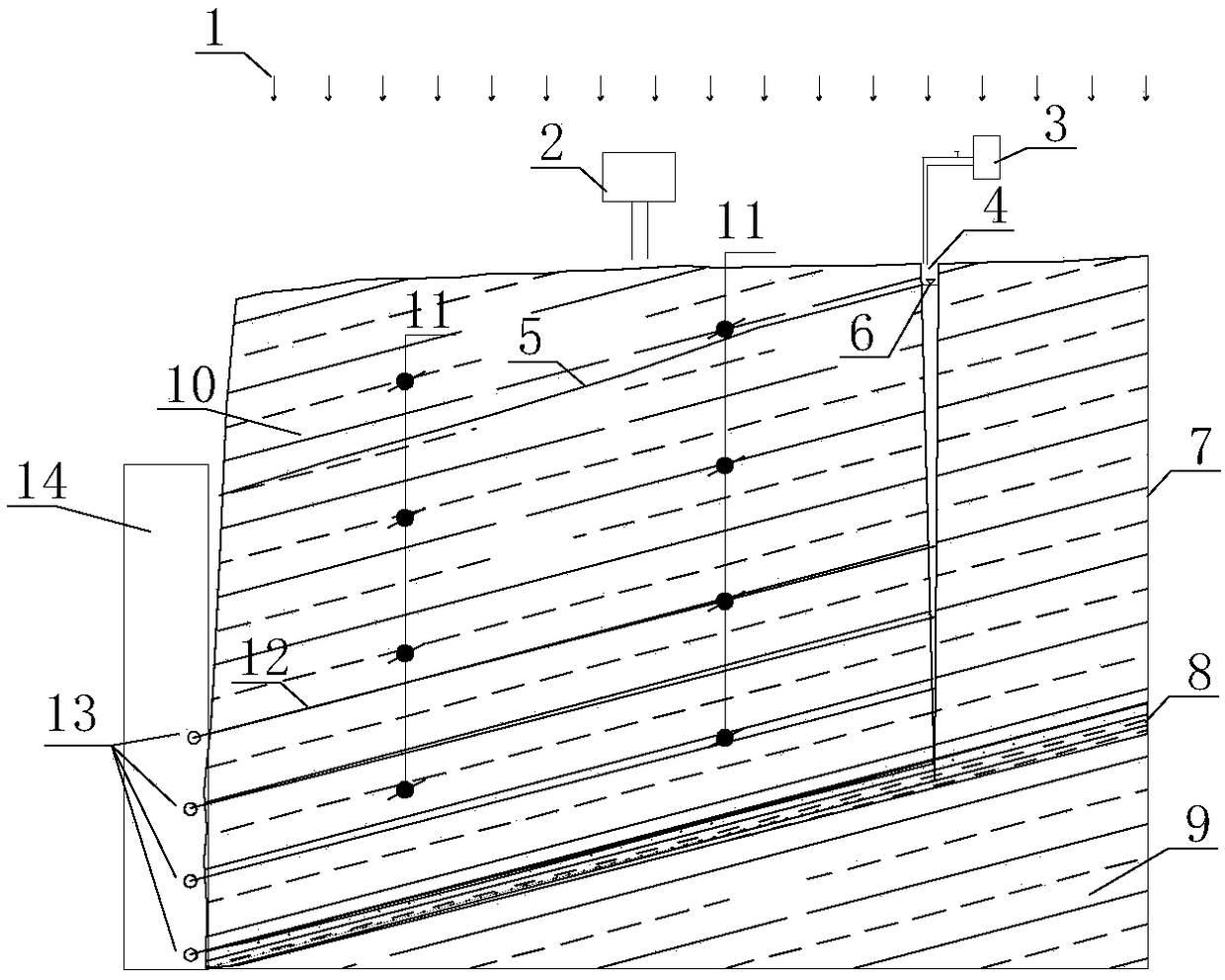 A field model test device for rock landslides induced by heavy rainfall