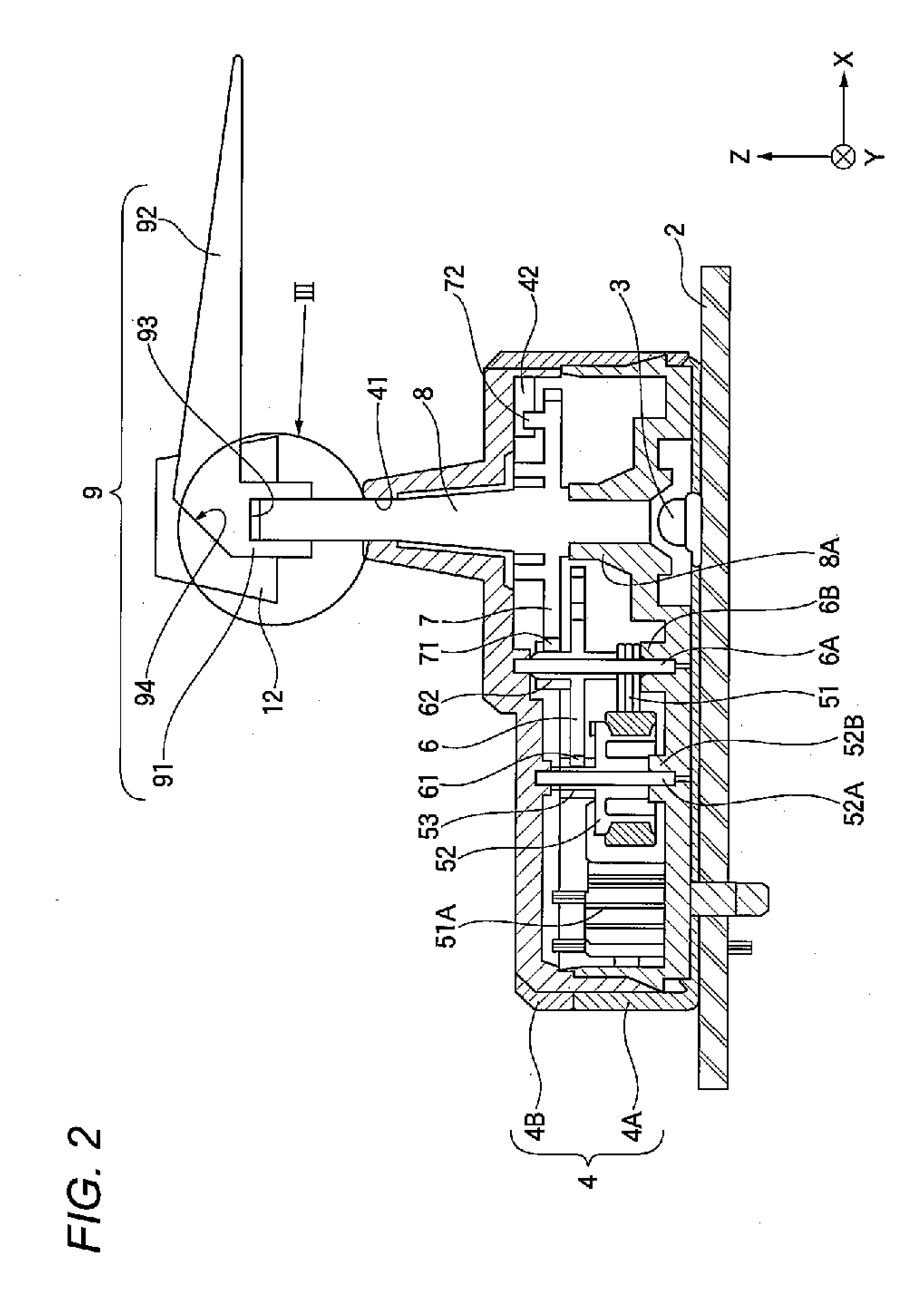 Needle attaching structure of rotating shaft and meter device