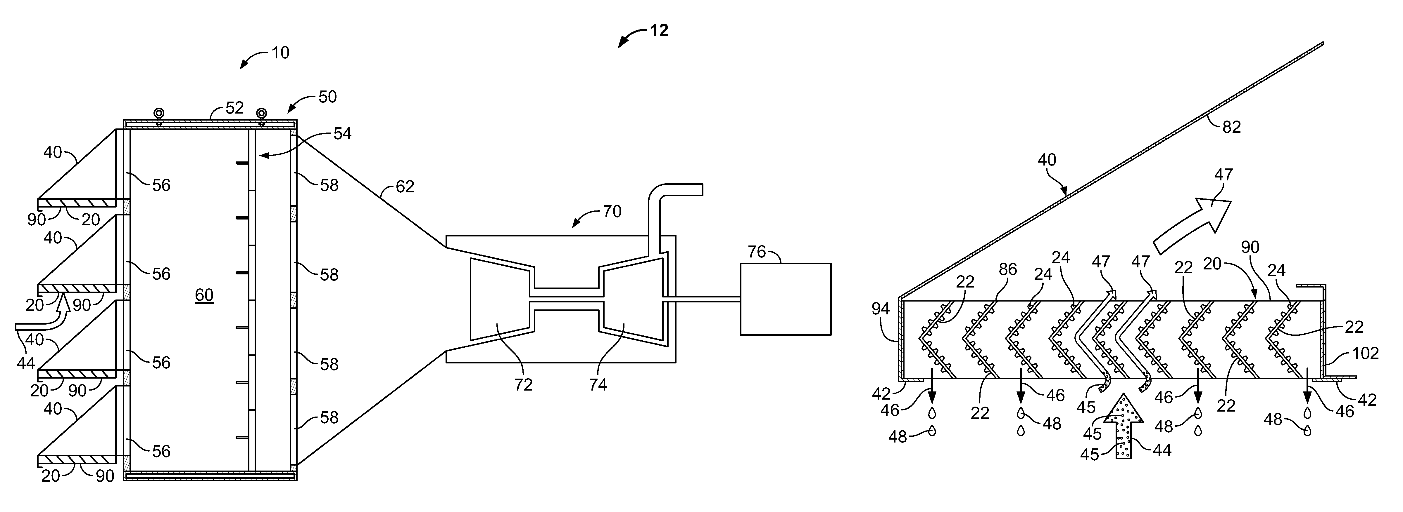 Mist eliminator, moisture removal system, and method of removing water particles from inlet air