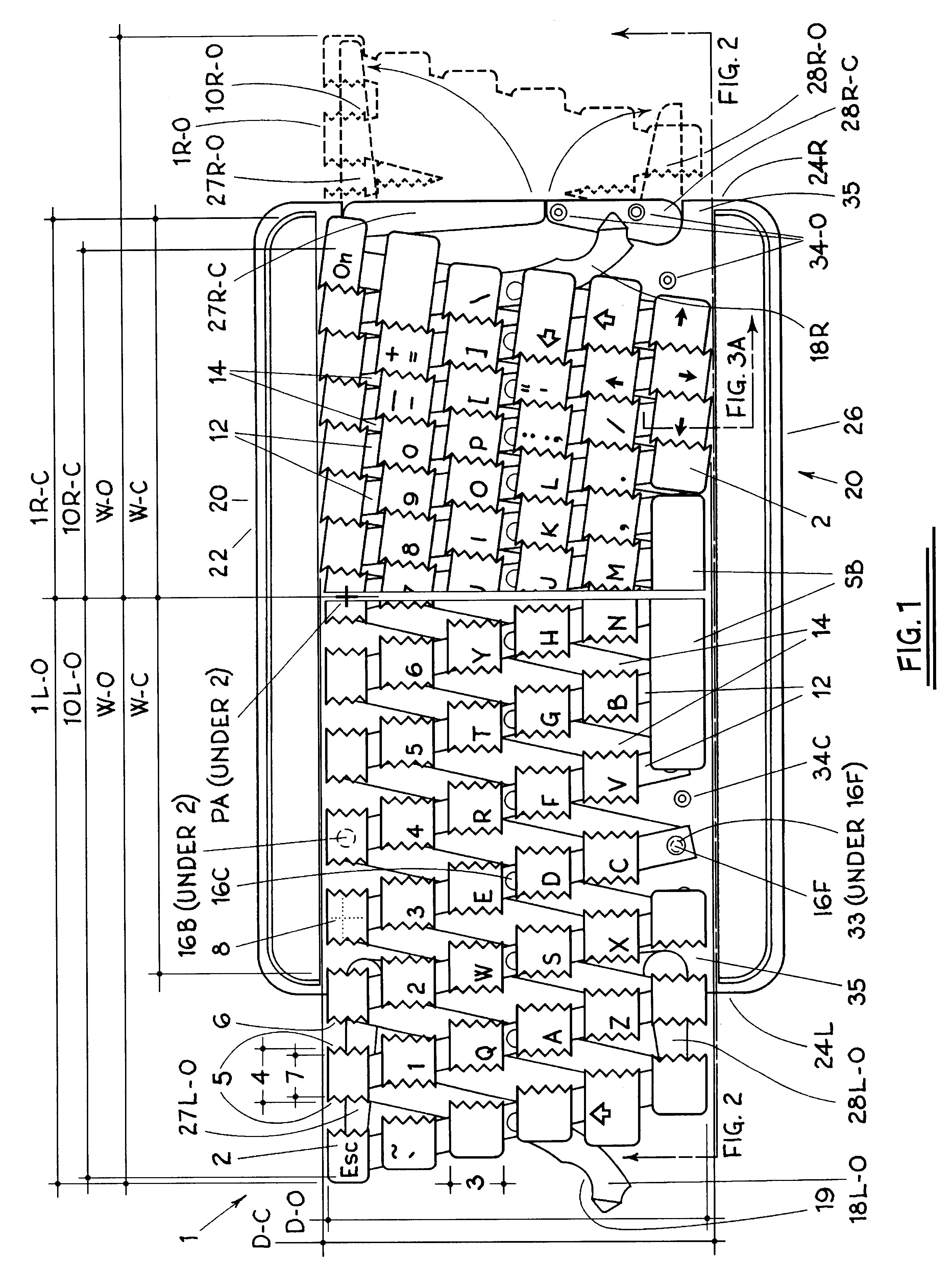 Expandable keyboard for small computers and the like