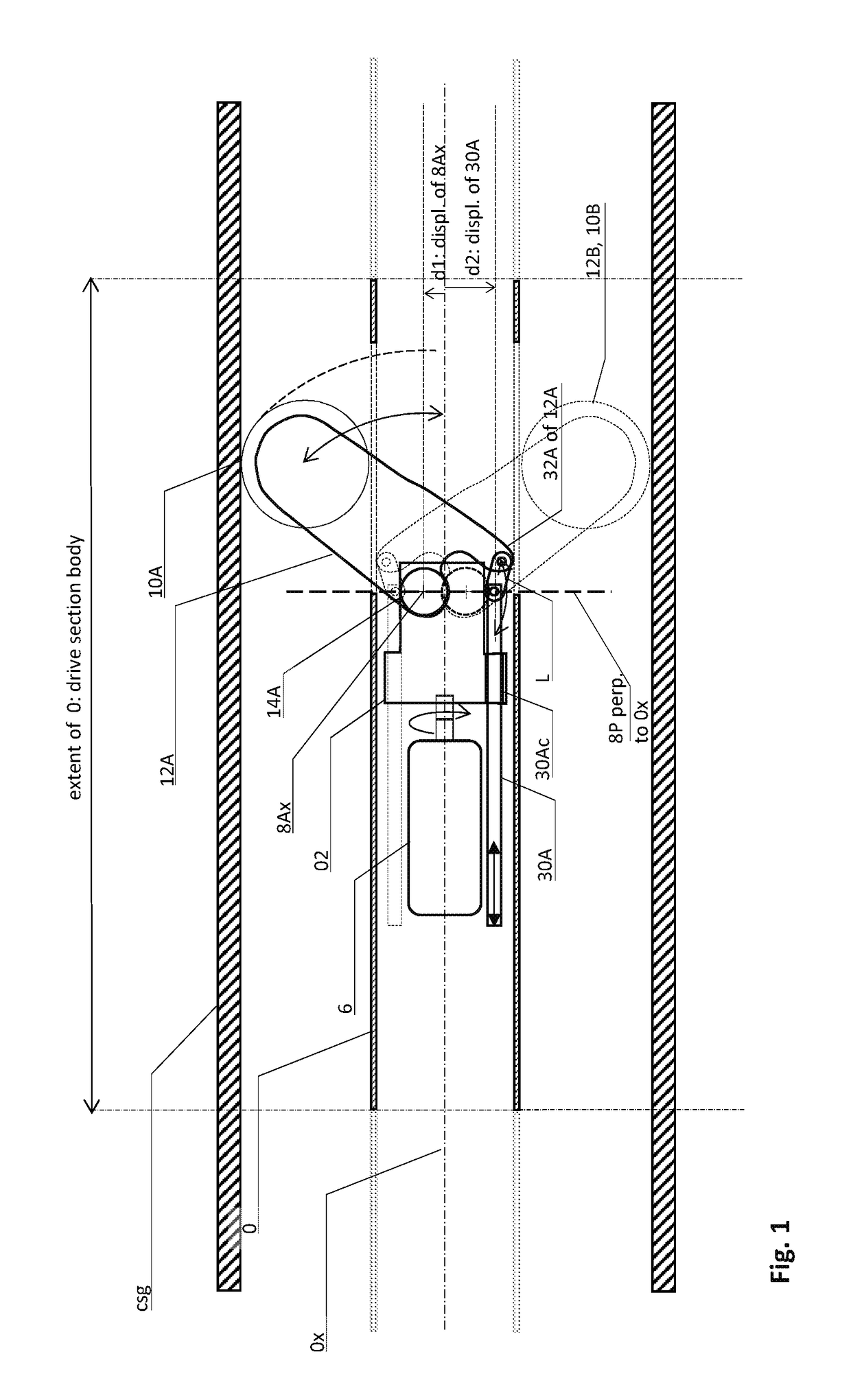 A well tractor drive section with pairs of drive arm bearings mutually oppositely displaced from the centre line