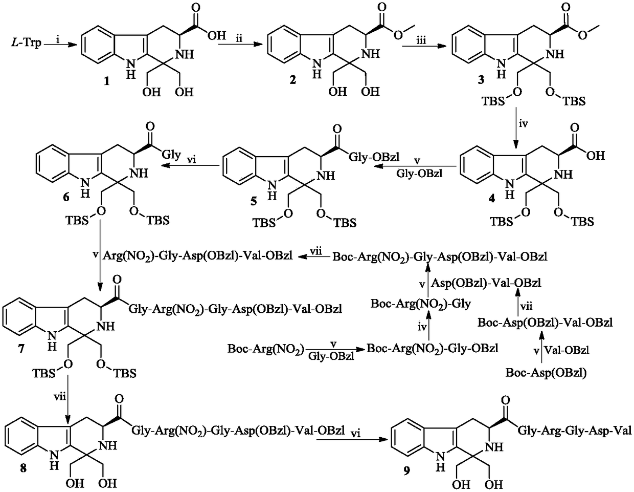 Synthesis, activity and application for 1, 1-dihydroxymethyl-tetrahydro-beta-carboline-3-formyl-GRGDV