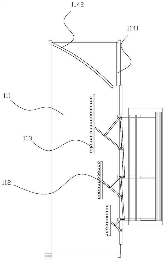 Multi-directional material distributing and conveying production line and production device and method of pork stuffing dumplings