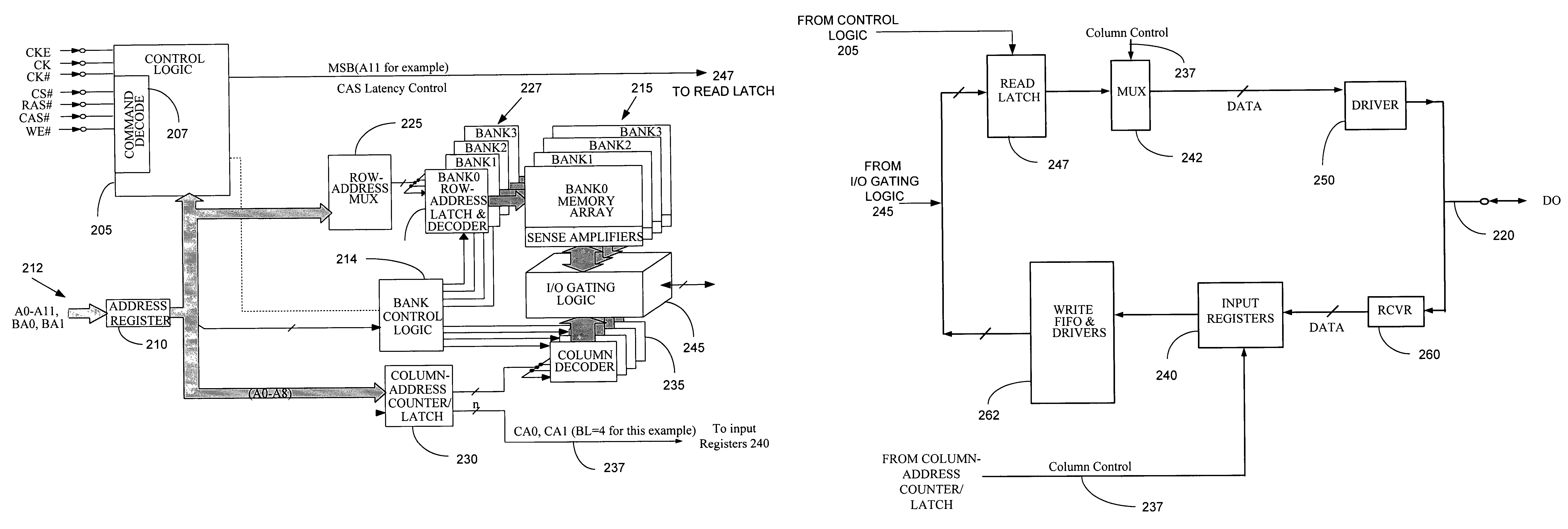 Method and apparatus for accessing a dynamic memory device by providing at least one of burst and latency information over at least one of redundant row and column address lines